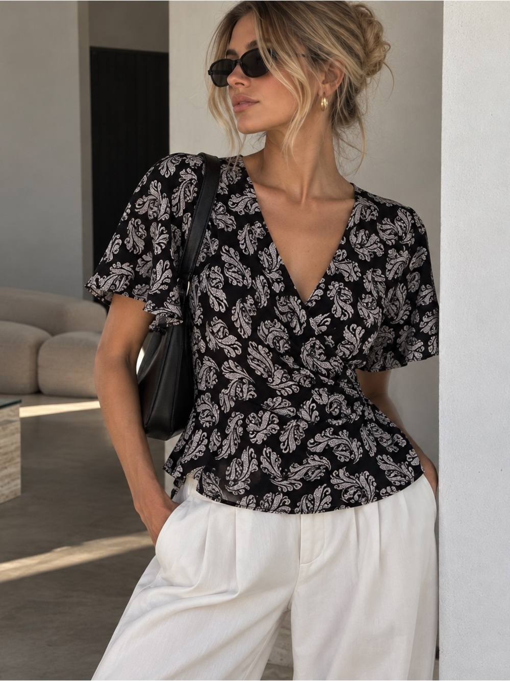 Lane Bryant Paisley Surplice Wrap Top Black 14/16